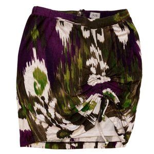 Cache Mini Bodycon Skirt w/ Ruched Front Detail, Purple, Olive, White, size XS